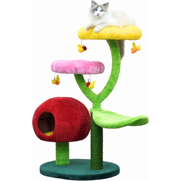 CeXuanTerFlower Cat Tree with Hideaway Condo, 3 Perches and Scratching Posts | Aesthetic floral cat condo tower for indoor cats, features durable sisal scratching posts, cozy plush flower beds