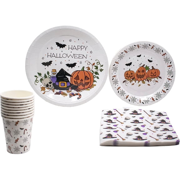 CeXuanTerHalloween Fun Tableware Pack: Disposable Paper Plates, Napkins and Cups Set for 20