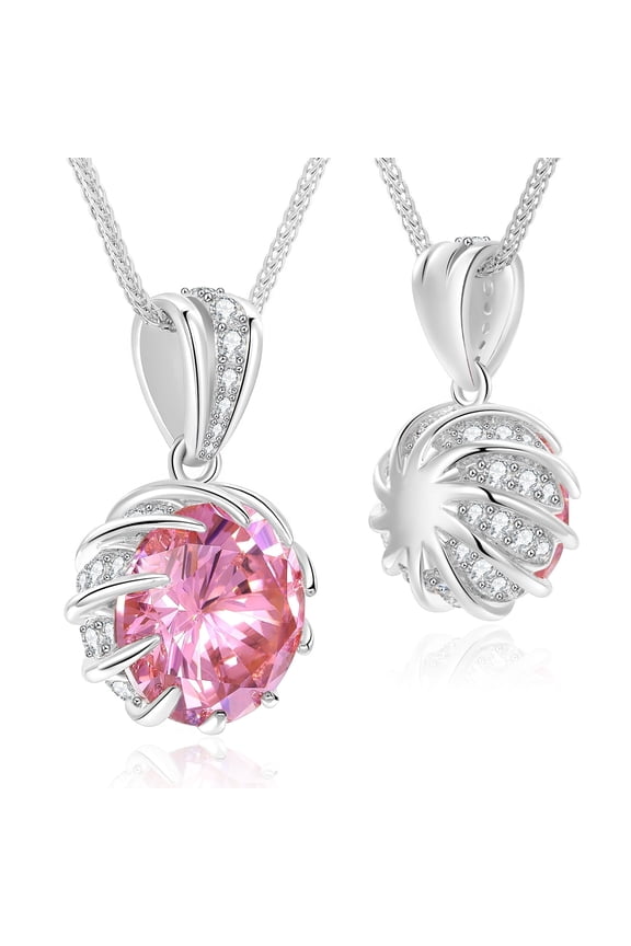 S925 Sterling Silver 6.0 Carat Pink CZ Pendant Necklace, 18K White Gold Plated, Adjustable 18"+2"