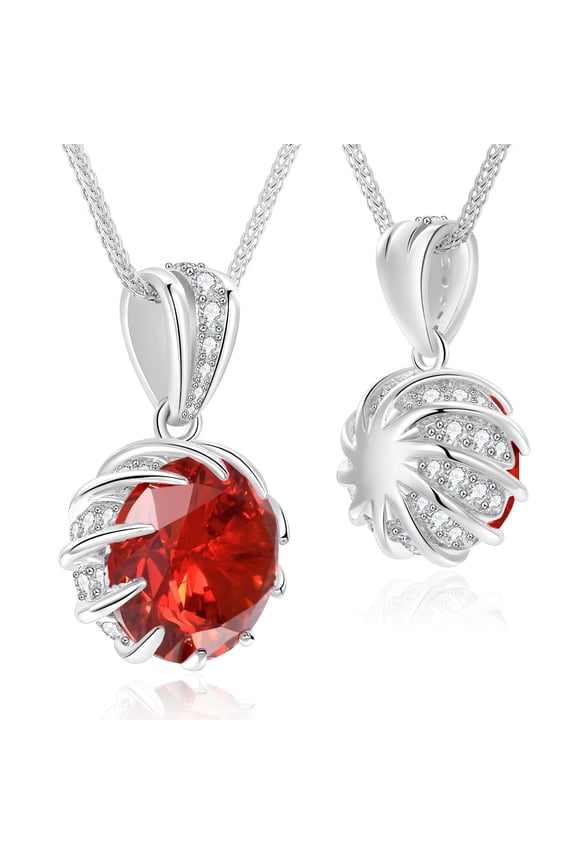 S925 Sterling Silver 6.0 Carat Round Red Cubic Zirconia Pendant Necklace, 18K White Gold Plated, Adjustable 18"+2"