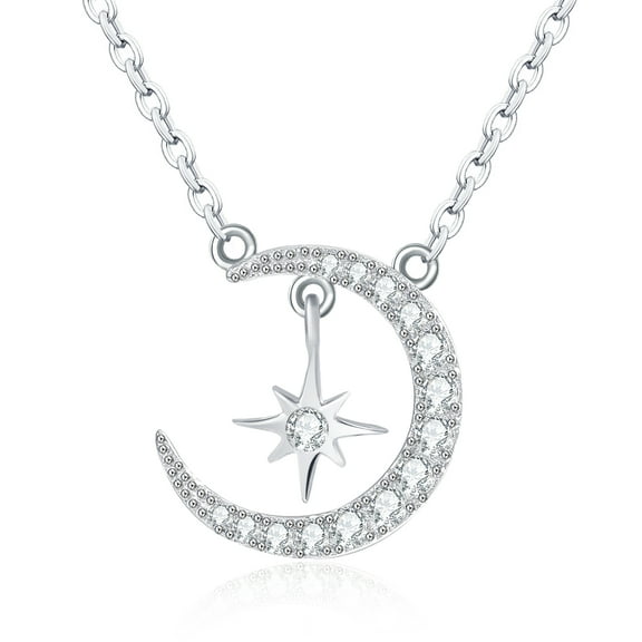 CeaKIev S925 Sterling Silver with White Gold Plating Moon and Star Necklace for Women, CZ Crescent Pendant Jewelry Gift (Silver)