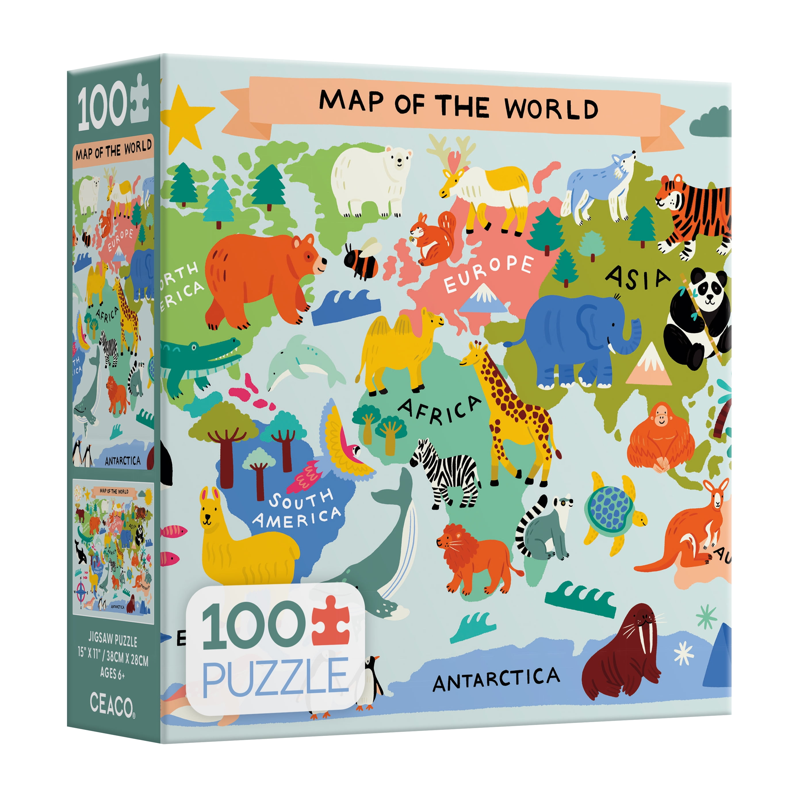 Ceaco 100 Piece Animal Map (Lauren Radley) Interlocking Jigsaw Puzzle