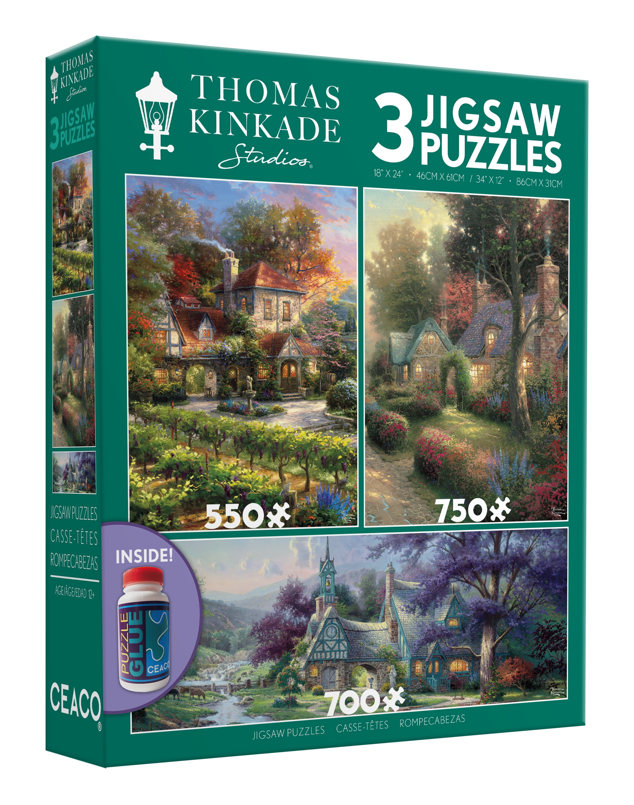 Ceaco 3 In 1 Thomas Kinkade Puzzles Clocktower Cottage Bundle