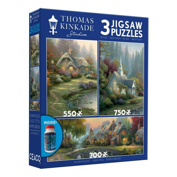 Ceaco 3 In 1 - Thomas Kinkade Puzzles - Cobblestone Bridge Bundle