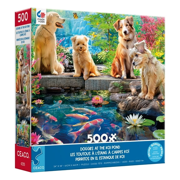 Ceaco 500 Piece Doggies at the Koi Pond (Angelo Bonito) Interlocking Jigsaw Puzzle