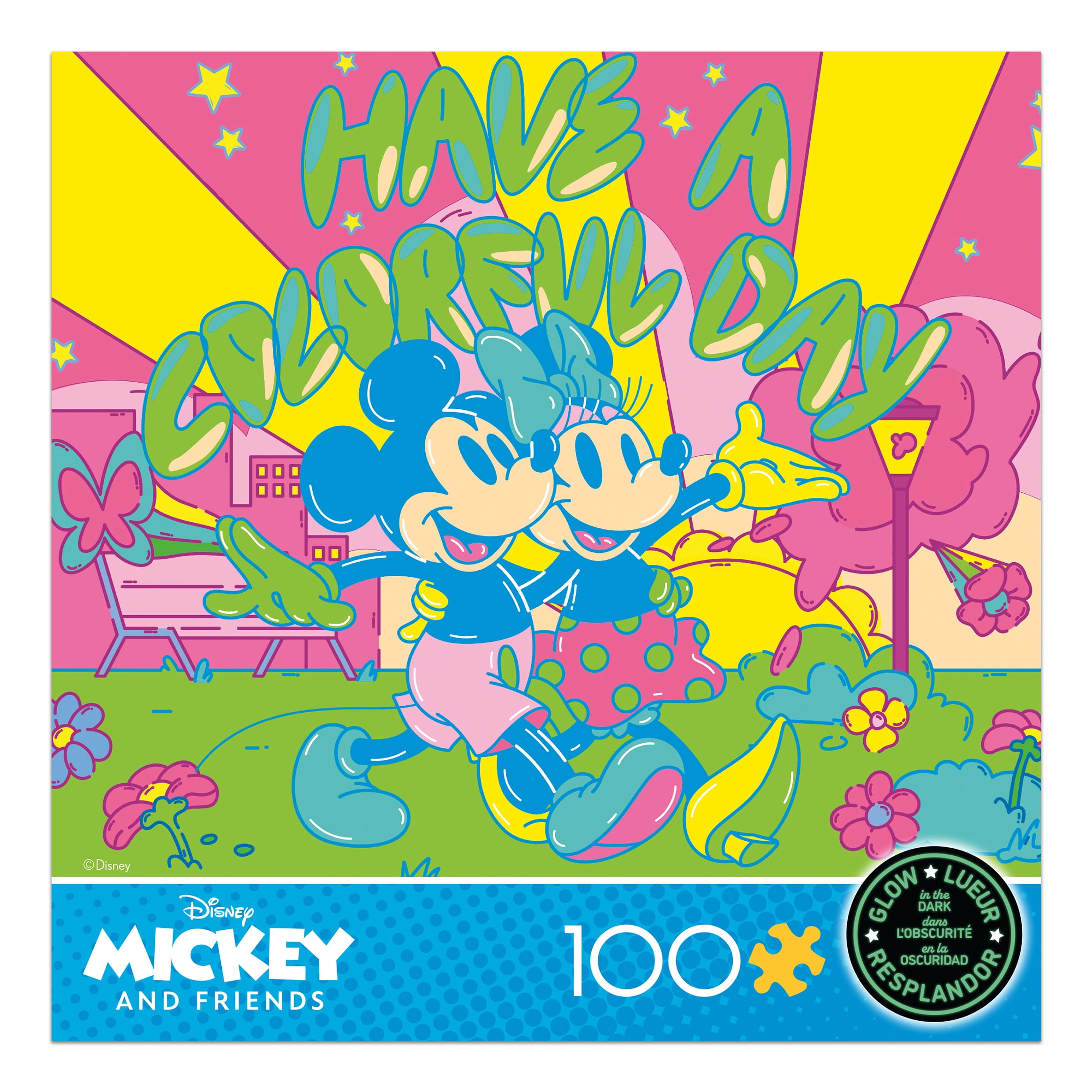 Ceaco Disney Mickey and Friends Have a Colorful Day Glow in the Dark 100-Piece Interlocking Jigsaw Puzzle for Children Ages 6+