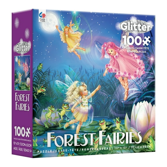 Ceaco - Forest Fairies Glitter - Fairies with Dancing Frogs - 100 Piece Kids Interlocking Jigsaw Puzzle