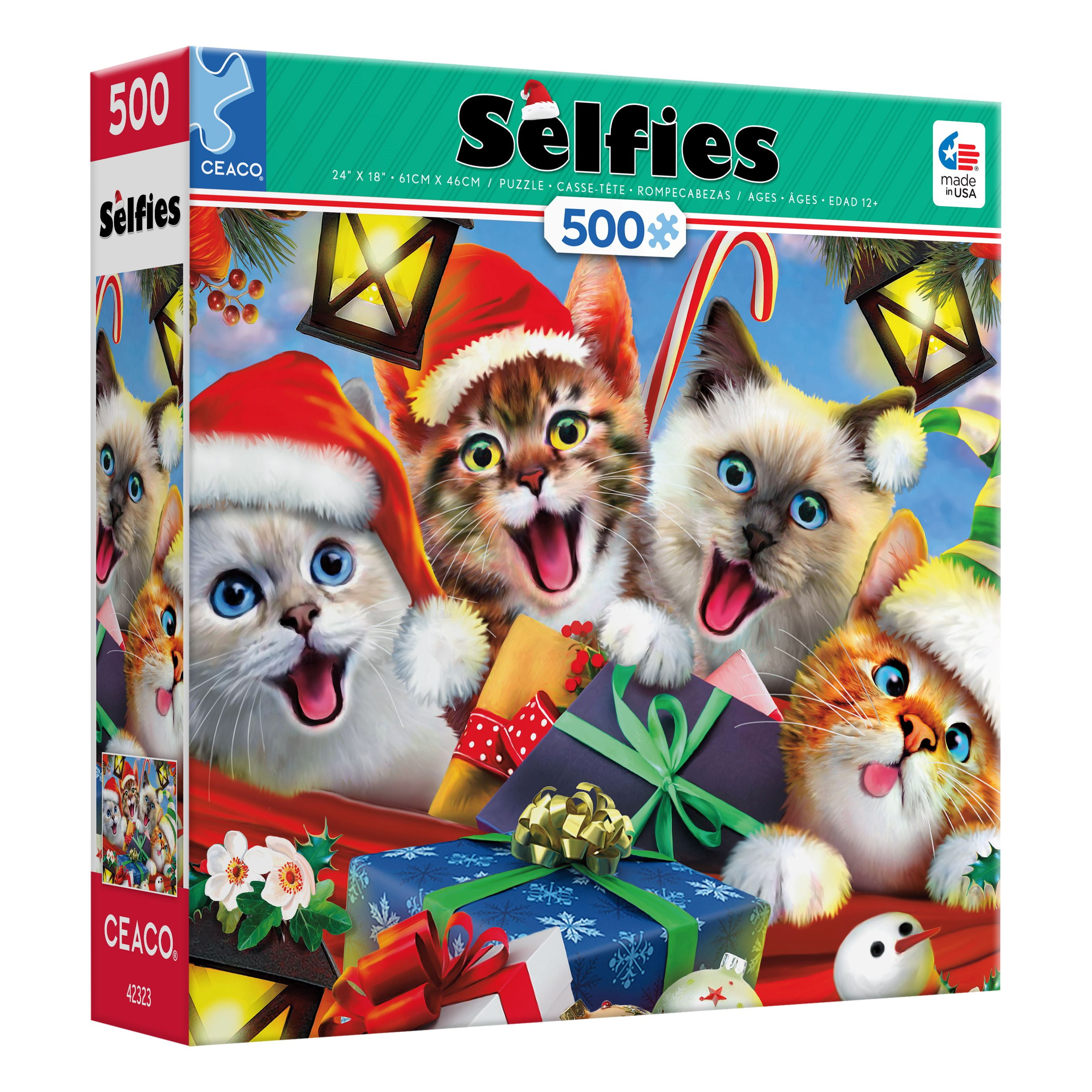 Ceaco Holiday Cats Selfies (Howard Robins) 500 Piece Interlocking Jigsaw Puzzle