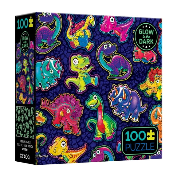 Ceaco Kids Deluxe 100 Piece Dinosaur Sticker Collage Glow (PD Moreno) Interlocking Jigsaw Puzzle
