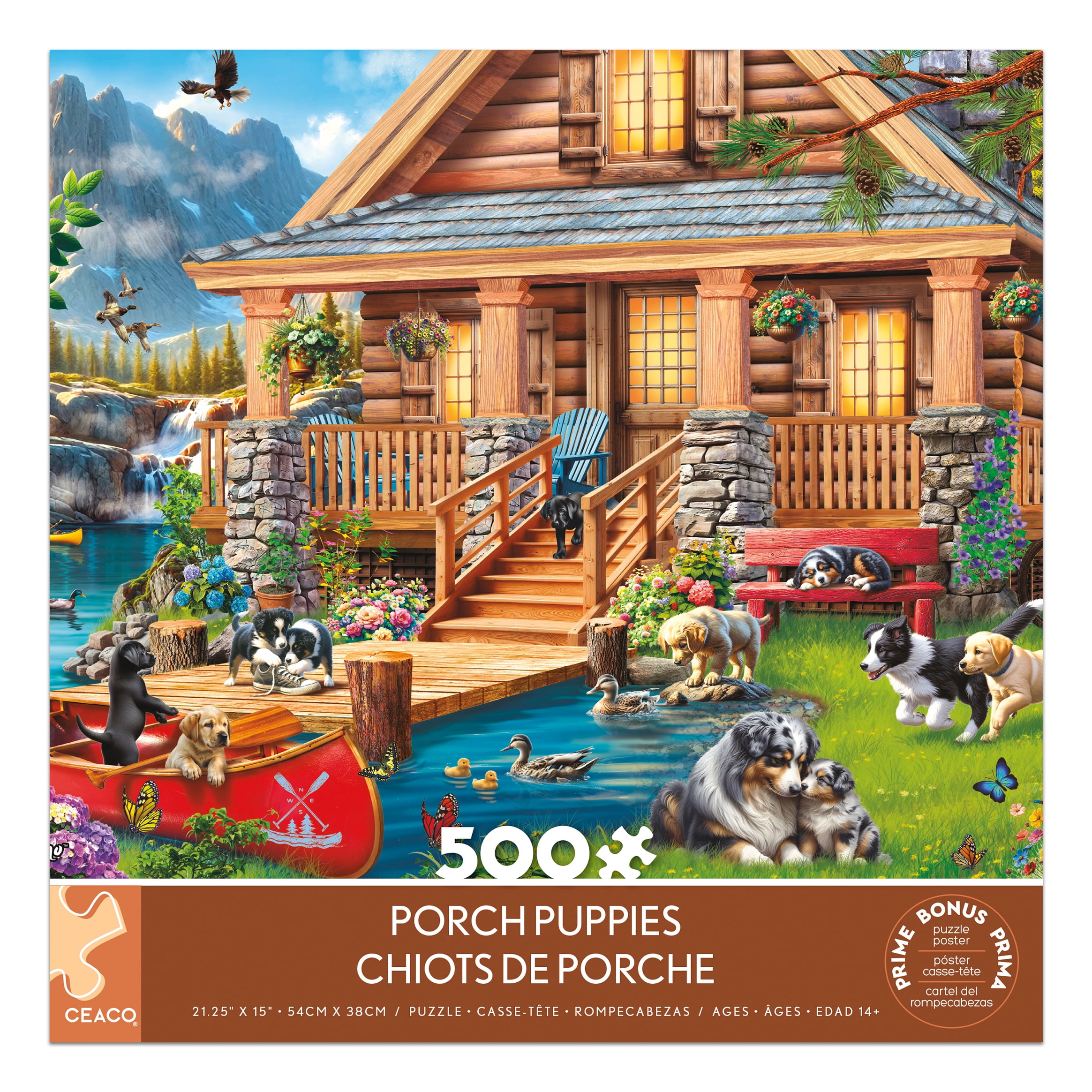 Ceaco P.D. Moreno Porch Puppies 500-Piece Interlocking Jigsaw Puzzle for Adults Ages 14+