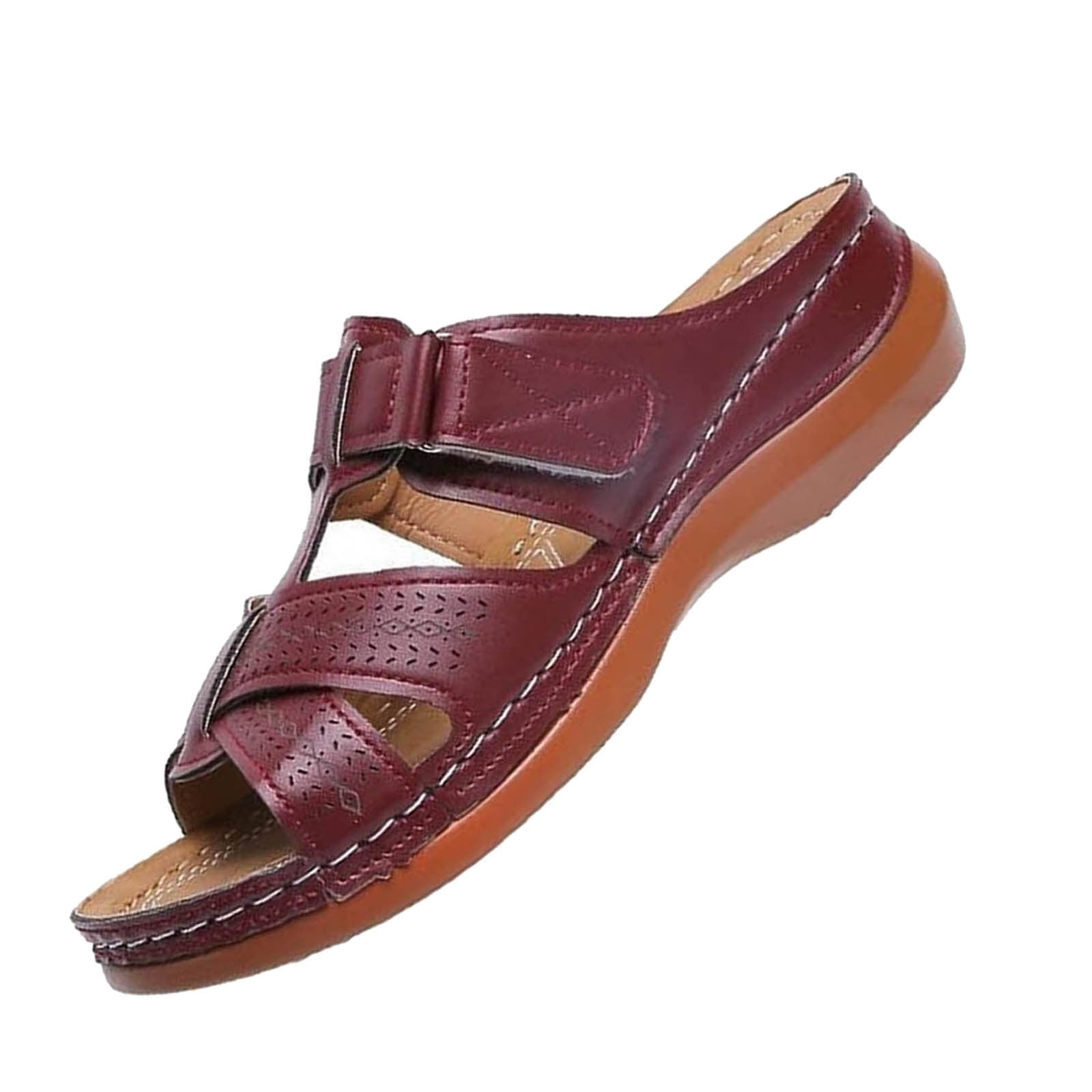 FIEEIF Men's Leather Slide Sandals - Hand-Sewn With Arch Support, Memory Foam Insole, Non-Slip