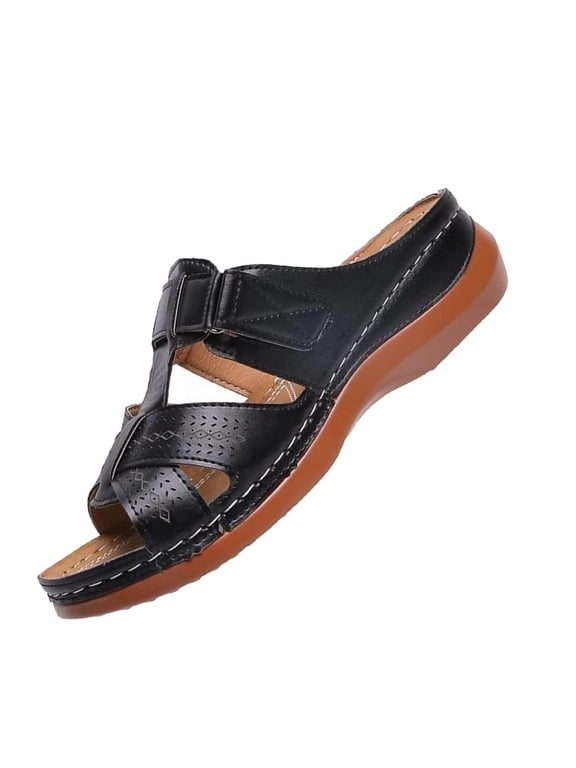 Slope Heel Thick Sole Women Dress Sandals Hollow Slippers for Women's Raffia Sandals Women Large Casual Pedal Sewn Womens Sandal Slope Heel Stripe Cool 40
