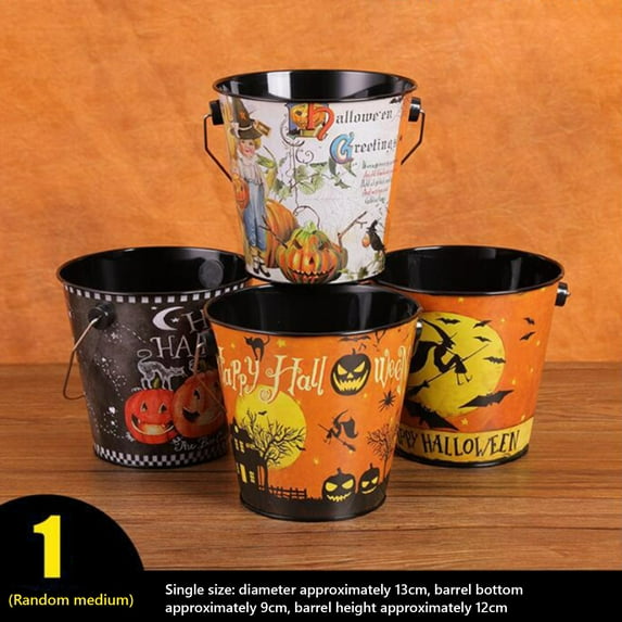 Cebalnir 1PC Random Patterns Iron Halloween Candy Buckets Pumpkin Storage Pail Halloween Candy Sorting Iron Pail Children Carry Iron Mini Pail, 13cm