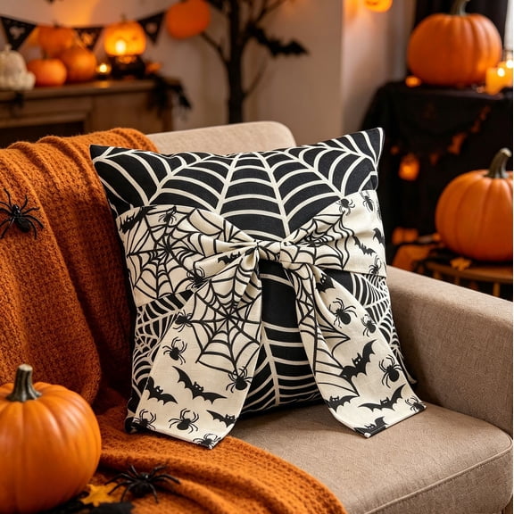 Cebalnir Halloween Pillowcase Withprinted Bow Chair Cushion Festive Decoration Sofa Pillow Suitable For Halloween Decorations