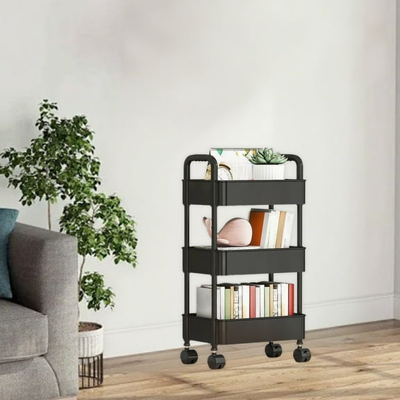 Cebalnir Plastic Rolling Utility Cart with Handle, Multi-Functional Storage Trolley for Office, Living Room, Kitchen, Movable Storage Organizer with Wheels, Black
