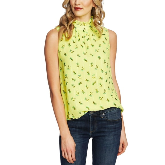 Cece Floral Print Mock Neck Top Lemon Drop XS