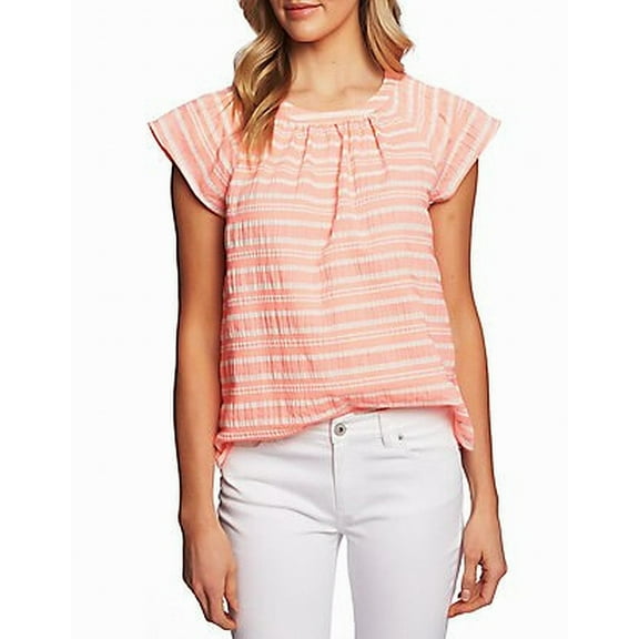Cece Jacquard Striped Flutter Sleeve Top Pink Flamingo L