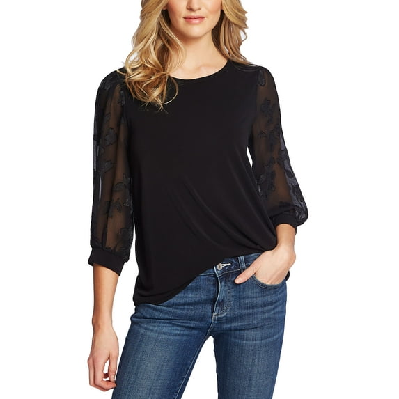 Cece Petite Voluminous Lace Sleeve Top Rich Black P2XS