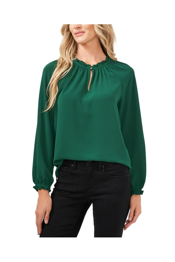 Ruffle Detail Keyhole Blouse Alpine Green XS