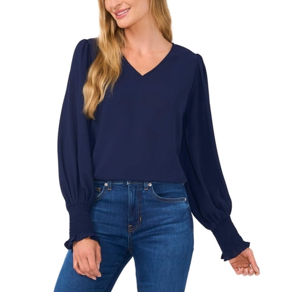 Cece Top Women's XS Blue Smocked Puff Sleeve V-Neck Blouse Preppy Modest ERK1313