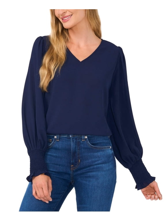 Top Women's XS Blue Smocked Puff Sleeve V-Neck Blouse Preppy Modest ERK1313