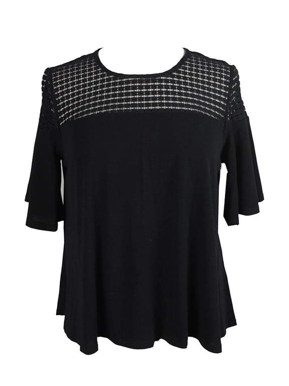 Womens Black Short-Sleeve Crochet Panel Blouse S