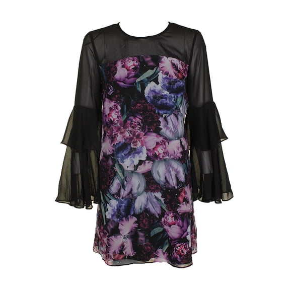 Cece Womens By Cynthia Steffe Black Multi Bell-Sleeve Ruffled Floral-Print Shift Dress 4