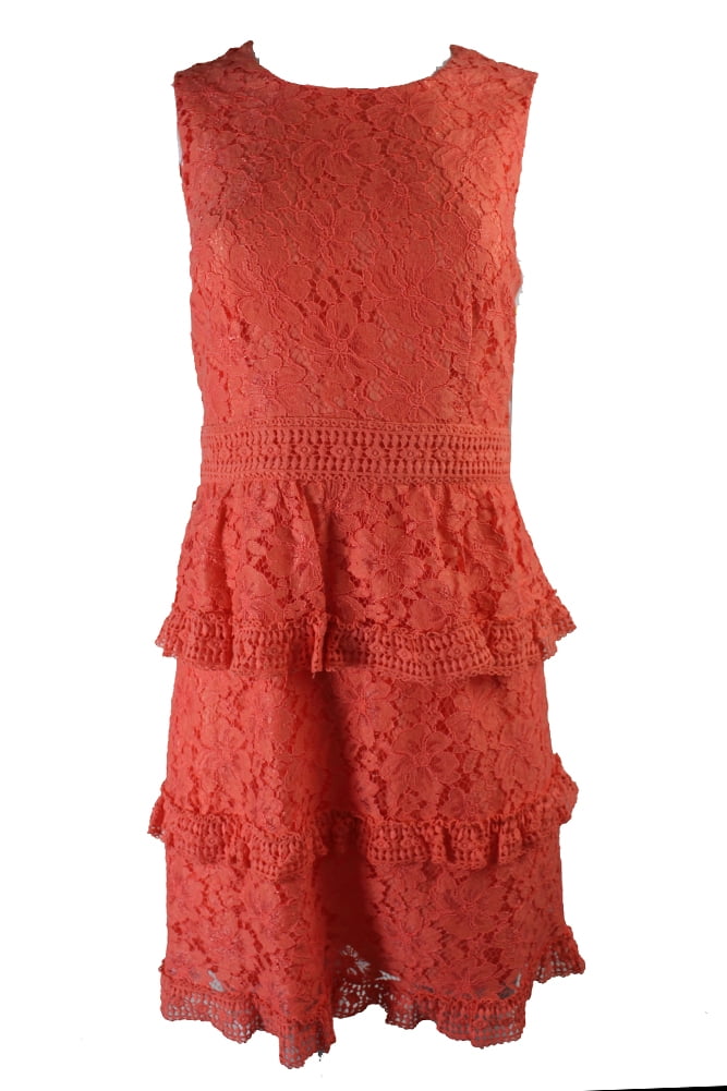 Cece Womens Coral Sleeveless Lace Ruffle Sheath Dress 6