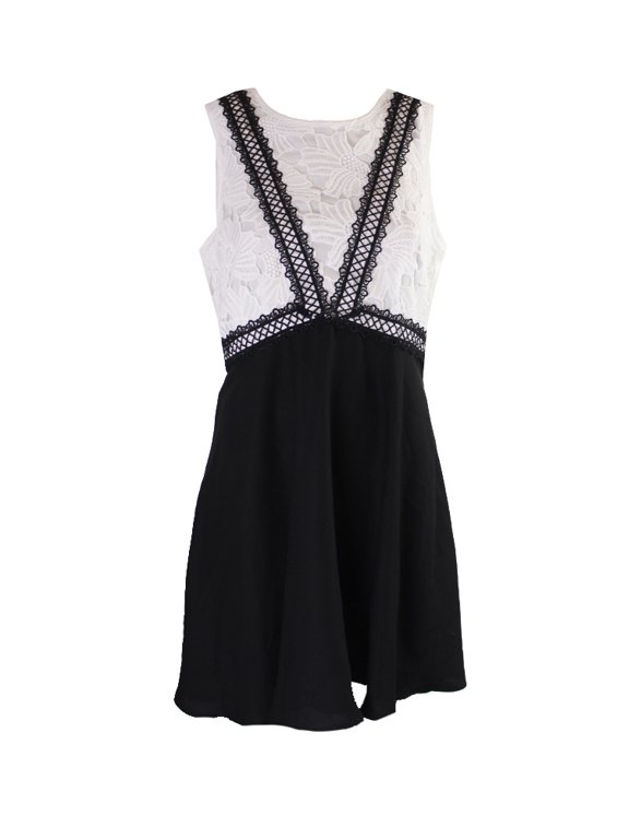 Womens Ivory Black Sleeveless Crochet Bodice Fit & Flare Dress 14