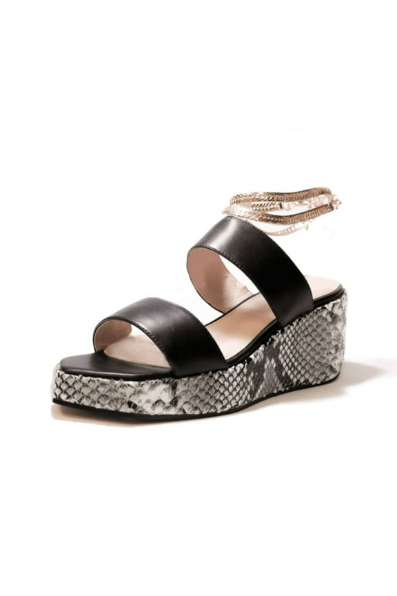 BALEVES Leather Wedge Platform Sandal Black Snake gold (7.5, BLACK/BLACK WHITE NATURAL SNAKE)