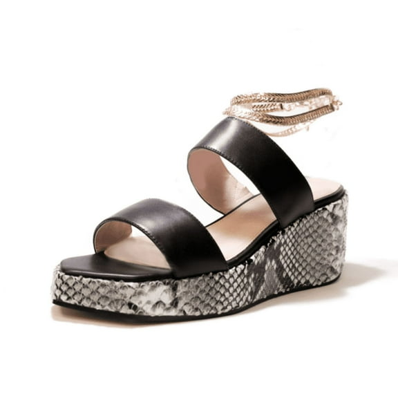 Cecelia New York BALEVES Leather Wedge Platform Sandal Black Snake gold (9, BLACK/BLACK WHITE NATURAL SNAKE)