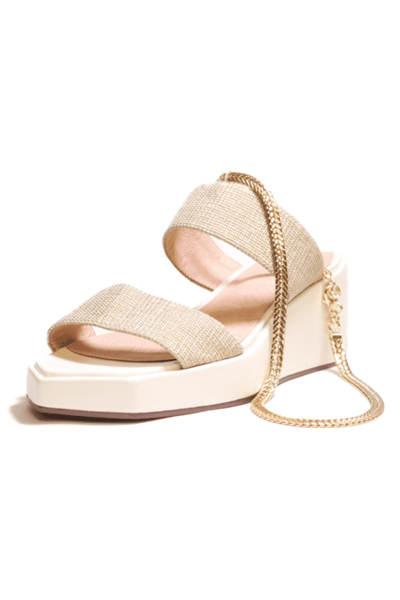 BALEVES Leather Wedge Platform Sandal White Gold Anklet Chain