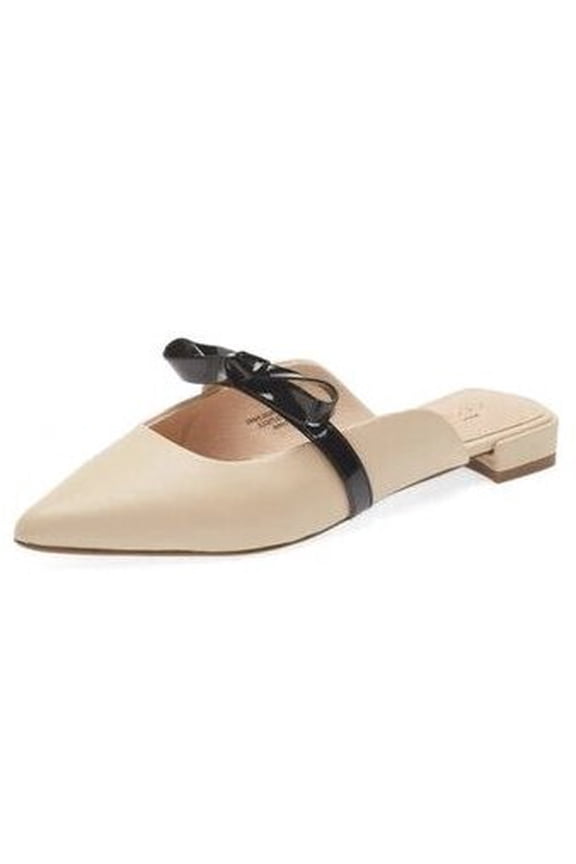 Bethel Flat Mule Leather Bow Slip On Pointed Toe Flat Sandals (Nude, 6)