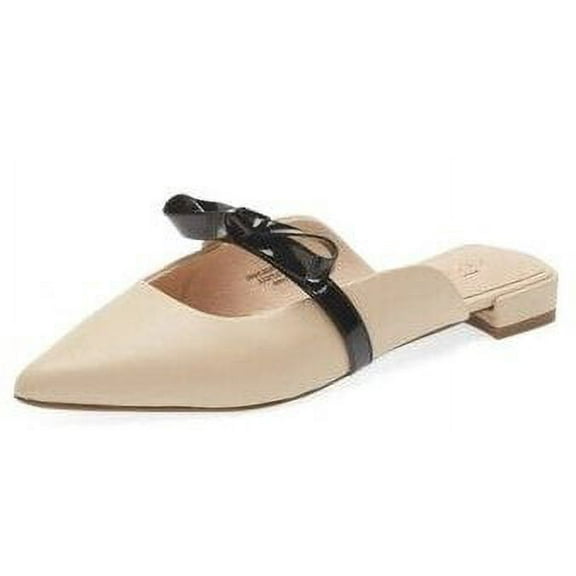 Cecelia New York Bethel Flat Mule Leather Bow Slip On Pointed Toe Flat Sandals (Nude, 9)