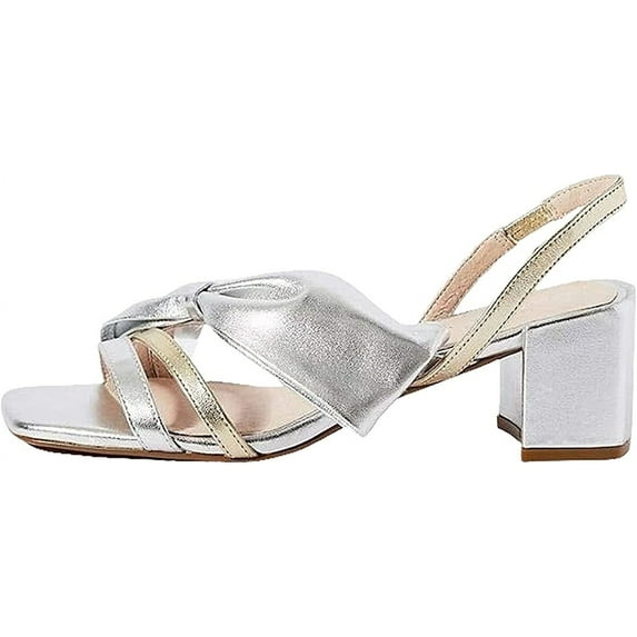 Cecelia New York COSETTE Slingback Heels Silver Gold Open Block Heel Retro Pumps (Silver Gold, 6)