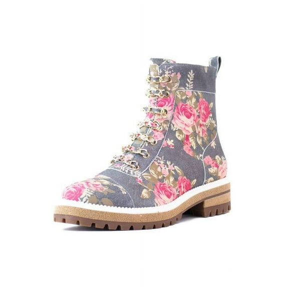 Cecelia New York Chance Lace Lug Sole Combat Boot Up Combat Moto Hiker Booties (BLUE FLORAL, 11)