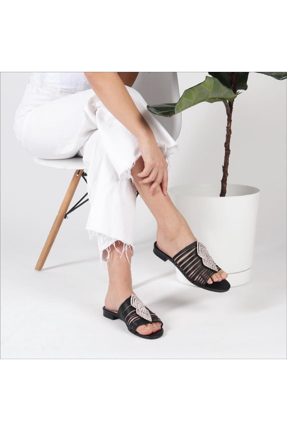 Darleen Slide Sandal Black/Silver Stone Slip On Caged Mule Flat