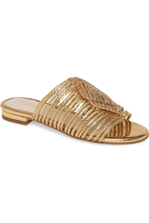 Darleen Slide Sandals Gold Rinestone Slip On Caged Mule Flat