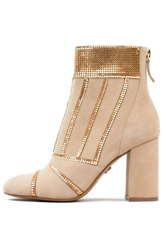 Demetri Beige Studded Back Zipper Pointed Toe Heel Ankle Boots (Beige, 10.5)