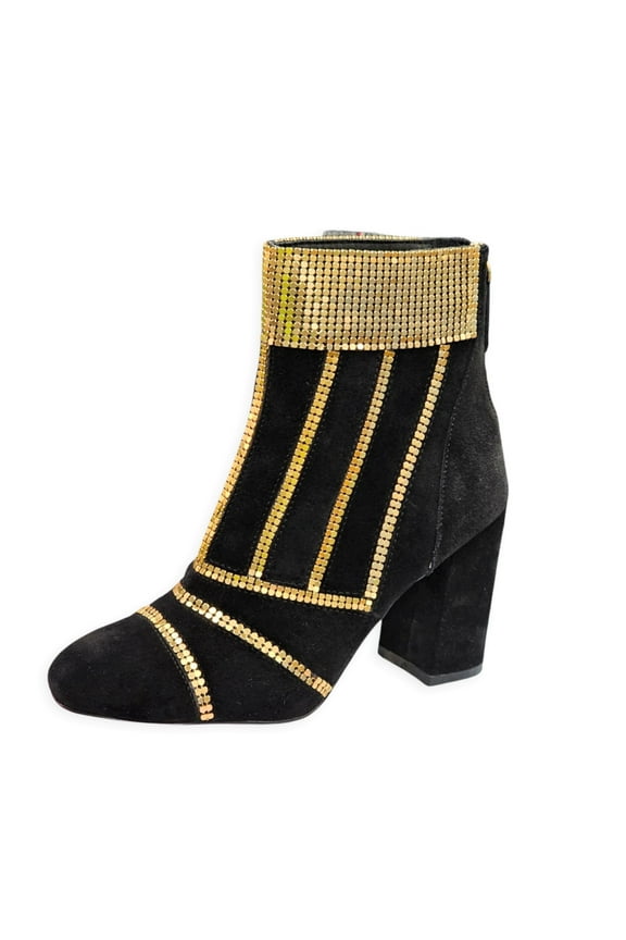 Demetri Black Gold Studded Back Zipper Pointed Toe Heel Boots
