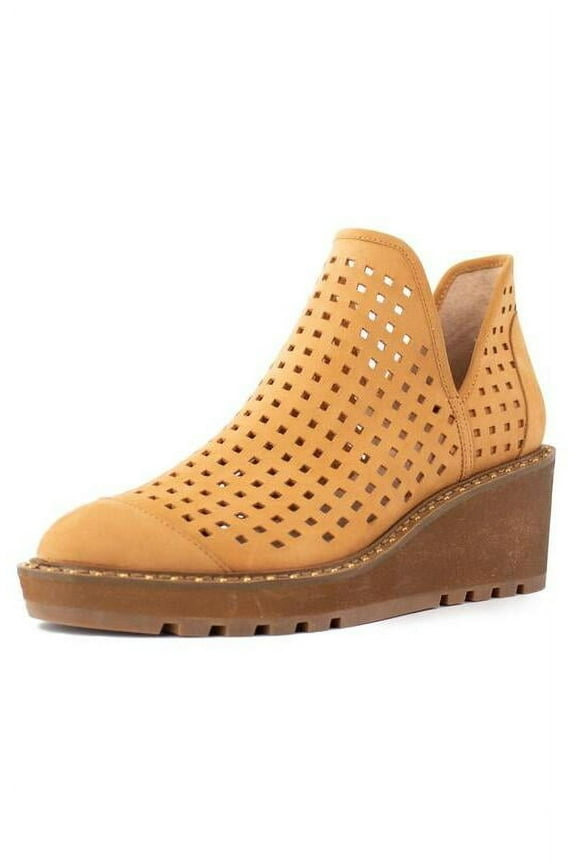 Georgie Wedge Almond Toe Ankle Boots Perforated Bootie Tan Perf (MUSTARD, 9.5)