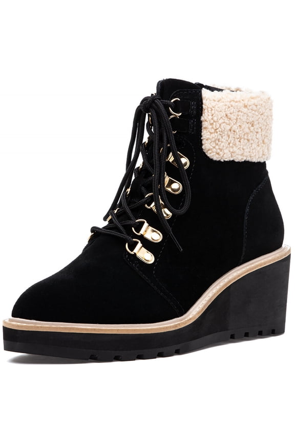 Geraldine Black Suede Lace Up Sheep Fur Ankle Welt Detail Boots (Black Suede, 11)