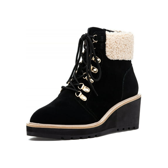 Cecelia New York Geraldine Black Suede Lace Up Sheep Fur Ankle Welt Detail Boots (Black Suede, 8)