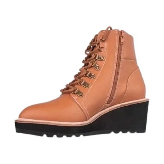 Cecelia New York Geraldine Saddle Leather Lace Up Fur Ankle Welt Detail Boots (Saddle, 5.5)
