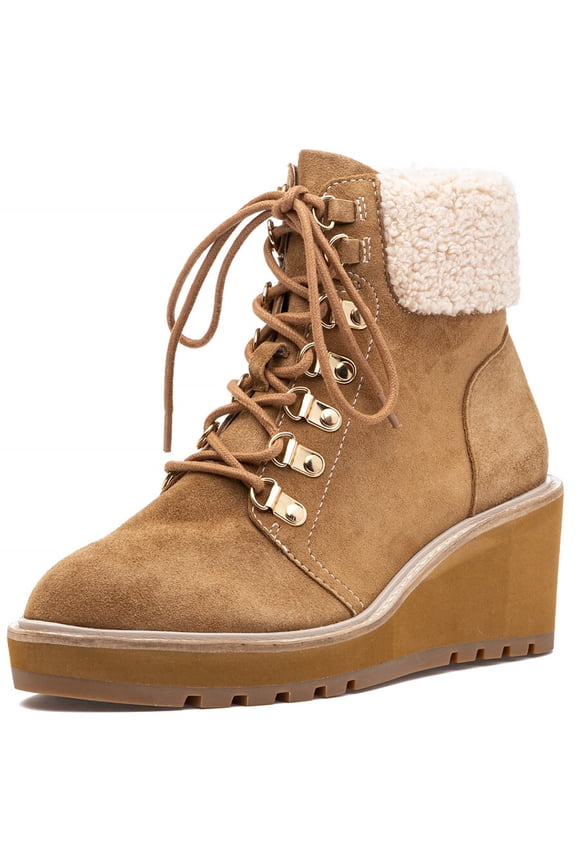 Geraldine Sand Suede Lace Up Sheep Fur Ankle Welt Detail Boots (Sand Suede, 6)