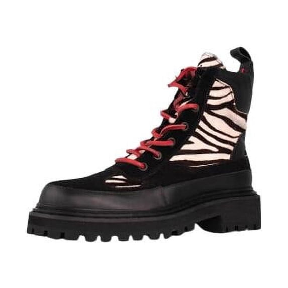 Cecelia New York Henry Black Zebra Pattern Lace Up Rounded Toe Ankle Boots (Black Leather, 7)