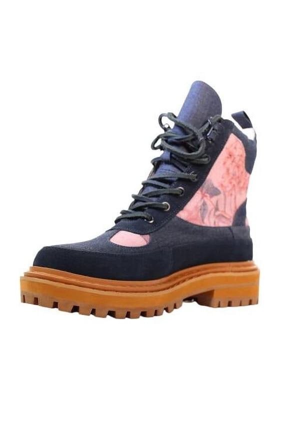 Henry Denim Houndstooth Pattern Lace Up Rounded Toe Boots (Navy, 6)