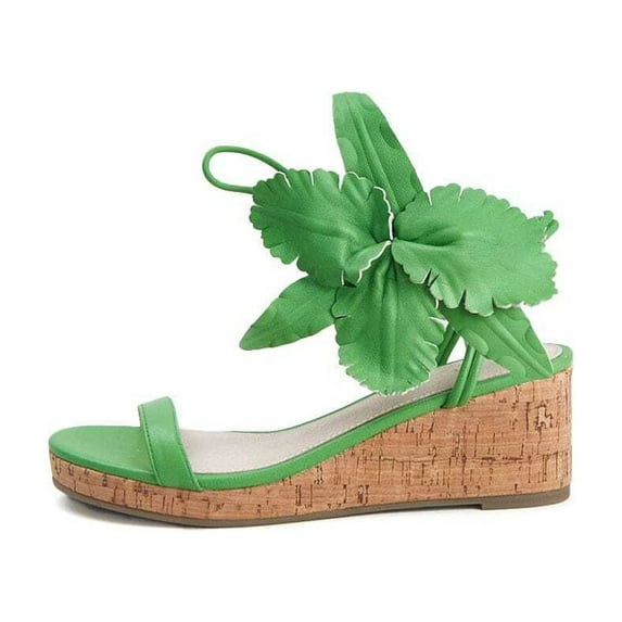 Cecelia New York Lala Kiwi Cork Flower Tie Up Open Toe Heel Wedge Heeled Sandals (Kiwi Cork, 7)