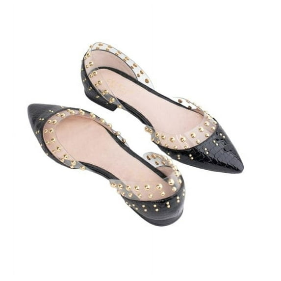 Cecelia New York Min Black Croc Ballet Flats Clear Chic Pointy Embellished Shoes (Black Croc, 6)