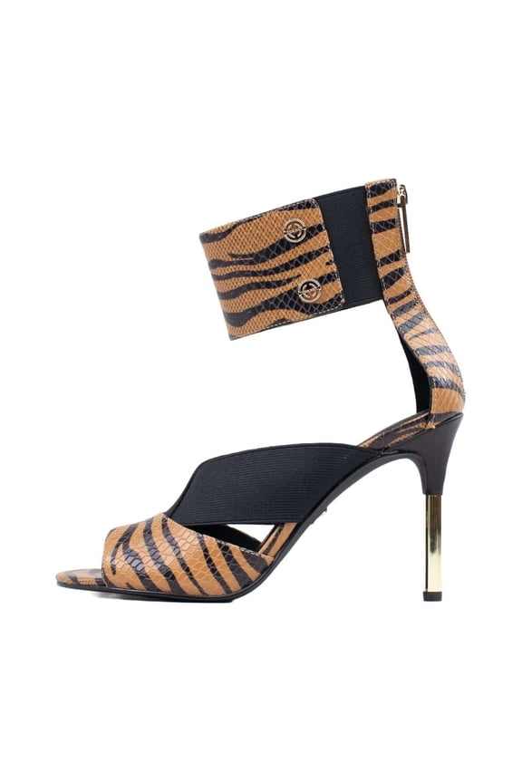Mirror Tiger Open Toe Gold Stiletto Heel Stretch Strap Sandals (Tiger, 7.5)